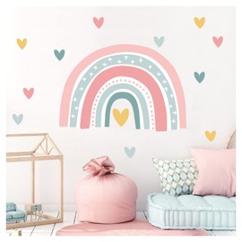 Little Deco DL936-1 Wall Sticker Rainbow Pink Mint Wall Sticker Hearts Nursery Baby Room Wall Sticker Heart Wall Decoration