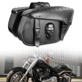 Quixofiber Motorcycle Saddlebags 32L Large Capacity PU Leather Side Saddle Bags Waterproof Hard Saddle Bags Universal for Harley Honda Yamaha Bobber Sixty Kawasaki (3D Skull,Black)