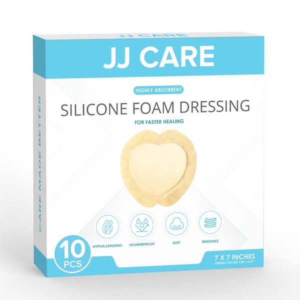 JJ CARE Sacrum Silicone Foam Dressing with Border 7x7 [Pack of 10], Waterproof Sacral Foam Dressing for Wounds, Absorbent Bed Sore Bandages, Sacral Wound Dressing with Silicone Adhesive Border