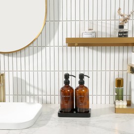 Prus Waso Amber Glass Soap Dispenser Set, Hand Soap and Lotion Set with Black Stainless Steel Pump, Perfect for Modern Bathroom Decor. (Amber)