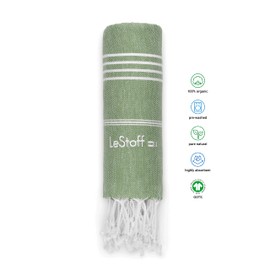 LeStoff The Traditional Hammam Towel, Beach Towel, Bath Towel, Sauna Towel, Shower Towel, Spa, Sports, Yoga, Travel, 100% Organic Cotton, Sustainable, Natural, Soft and Prewashed. (95 x 180 cm, Olive)