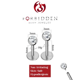 Forbidden Body Jewelry 16G-18G Internally Threaded Solid Titanium Tragus/Helix Earring/Labret Stud with CZ Ball Top, Metal, cubic-zirconia