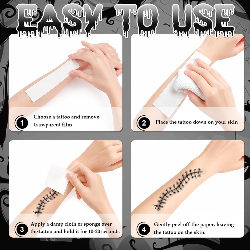 Konsait Halloween Stitches Tattoos, Horror Wound Fake Stitches Tattoo, Doll