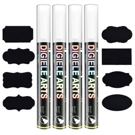 DIGIELE Chalk Pen White, 6 mm Reversible Pen Tip Chalk Marker, Dry or Wet Wipe Clean, Pack of 4 Pens with 16 Blackboard Stickers, Liquid Chalk for Blackboard Film, Blackboard, Window, Glass