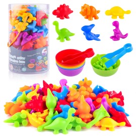 camelize camelize Colour Sorting Toys for Toddlers, 56 pcs Counting Toys with Matching Bowl and Tweezers, Rainbow Counting Dinosaurs, Montessori Math Skills Game Educational Learning Toys for 3 4 5 Years Old