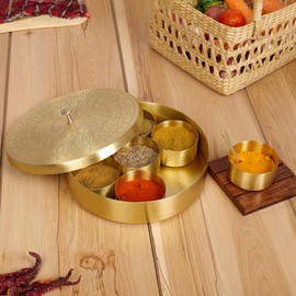 SEMPYIX Brass Masala Box Dabba with Spoon Container 100ML-Spices Storage Rack Indian Spices Boxes Storage Box Masala Dani Brass Masala Dabba -kitchen Storage Spice Rack (8-INCH)