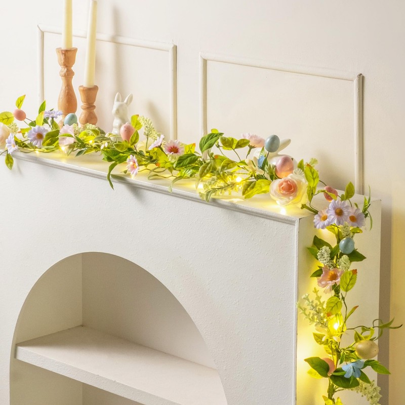 6 FT Lighted Easter Garland with Eggs & Flowers, Artificial