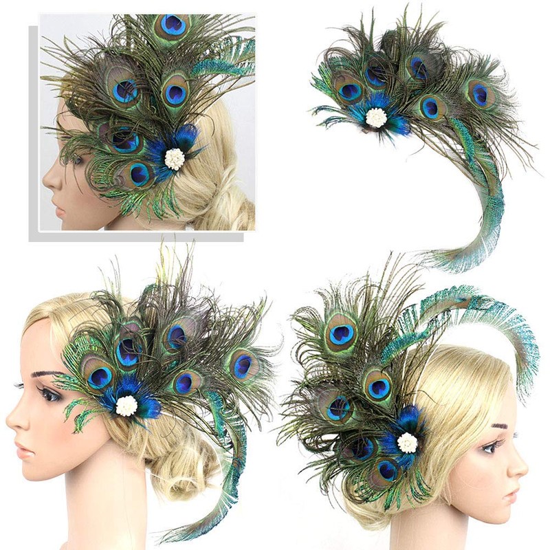Frcolor 1920 Peacock Feather Hair Clip Gatsby Flapper Peacock Feather