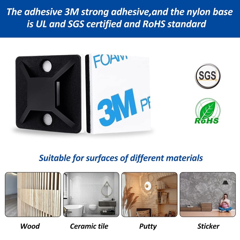 50 Set Cable Zip Tie Self Adhesive Mounts Kit with