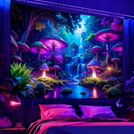 Miytal Blacklight Fantasy Mushroom Waterfall Tapestry – UV Reactive Neon Forest Wall Hanging, Glow in the Dark Nature Art Décor for Bedroom, Living Room - 51.2" x 59.1"