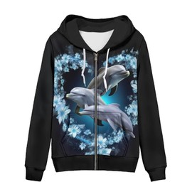 Showudesigns Dolphin Jackets Zip Up Hoodies Oversized 4XL Hooded Sweatshirt Pullover Long Sleeve Athletic Yoga Clothing Flower Animal Sweater for Outfits Y2K Cardigans Hawaiian Floral