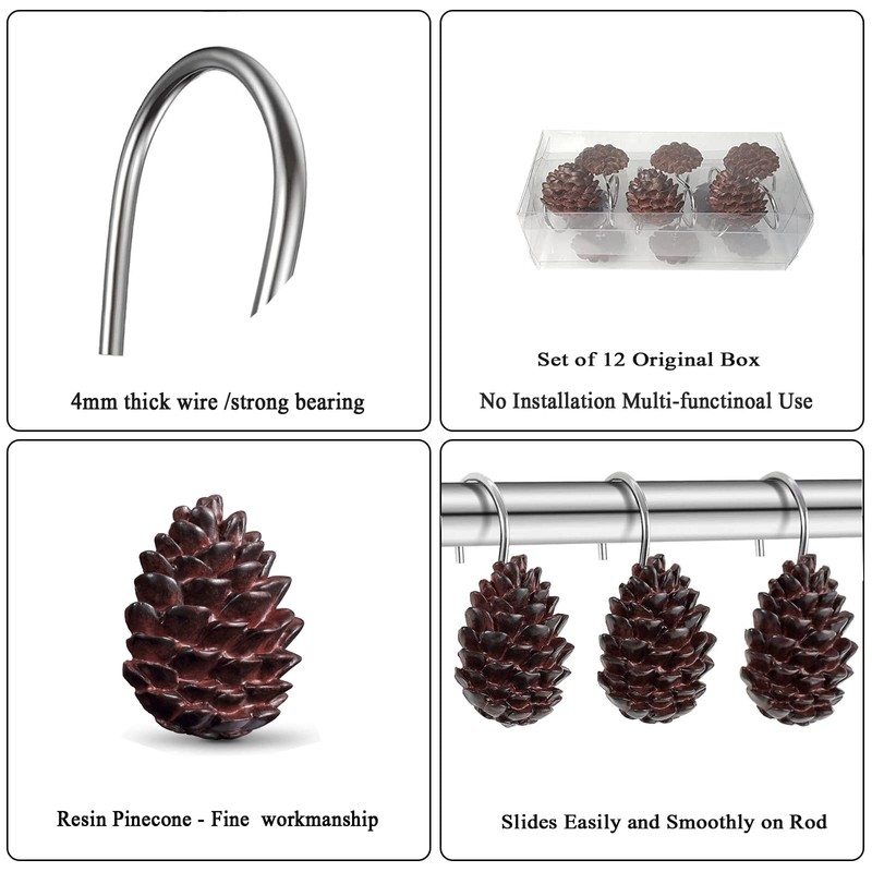 Gracelife Set of 12 Pinecone Shower Curtain Hooks Bathroom Rolling