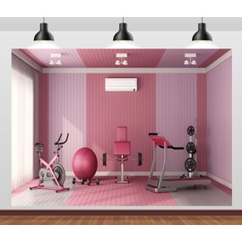 Loccor 8x6ft Fabric Pink Gym Room Backdrop Interior Stationary Bike and Weight Machines,Yoga Ball Fitness Equipment Background for Women Physical Exercise Video Shooting Portrait Photo Props