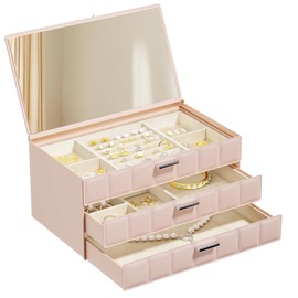 VUSIGN Jewelry Box for Women, 3 Layer Jewelry Organizer with Mirror, Jewelry Storage Case with Removable Pad, Customizable Jewelry Boxes for Rings Earrings Necklaces, Pink