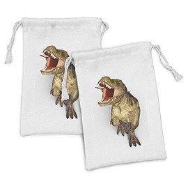 Ambesonne Dinosaur Fabric Pouch Set of 2, Image of Roaring Rex Realistic Historical Animal with Sharp Teeth, Small Drawstring Bag for Toiletries Masks and Favors, 9" x 6", Army Green Scarlet Tan