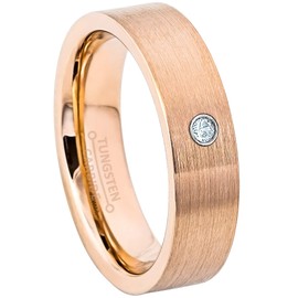 Rose Gold Pipe Cut Tungsten Carbide Unisex Wedding Band with 0.07ctw Solitaire Round Aquamarine Birthstone Tungsten Ring - 6mm Brushed Comfort Fit Tungsten Anniversary Ring - 1AQM
