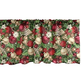 Ambesonne Christmas Window Valance, Tree Branches Spruce Leaves Balls Bells Cones Poinsettia Flowers Mistletoe Berry, Curtain Valance for Kitchen Bedroom Decor with Rod Pocket, 54" X 12", Ruby Green