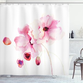 Ambesonne Flor de Acuarela Cortina de Baño, Amapolas Delicadas, Paño Conjunto de Decoración de Baño de Tela y Ganchos, 84" Extra Alta, Rosa Claro Blanco