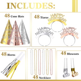 Foilswirl 240 Pcs New Year's Eve Party Supplies for 48 Guest Cone Hats Glitter Tiaras Beaded Necklace Tassel Squawker Curled Squawker(Stylish,Gold, Silver, Rose Gold)