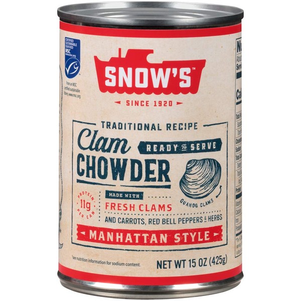 Snow's Manhattan Clam Chowder, 15 oz Can (Pack of 12) - 11g Protein per Serving - Ready-to-Serve Authentic Manhattan Style Recipe