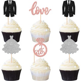 24 piezas de adornos para cupcakes para novios y novias con purpurina para decorar tartas de matrimonio, despedidas de soltera, decoración para bodas, compromisos, despedidas de soltera, suministros para fiestas temáticas, oro rosa