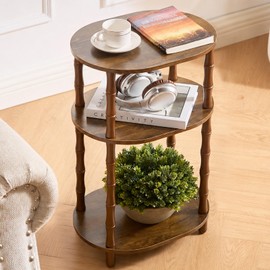 Oval Side Table, Small End Table with 3-Tier Storage Shelf, Brown