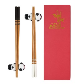 LHOEST 2 Pairs of Sushi Chopsticks Set Cat Panda, Chinese Japanese Korean Chopsticks Wood Chopsticks for Eating Dishwasher Safe with Ceramic Base Cat Panda (Panda)
