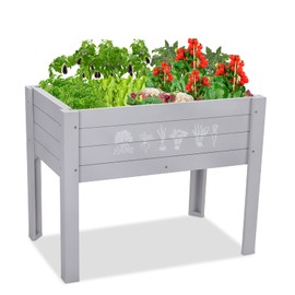 Chonsun Kids Raised Garden Bed 30 x 24 x 18 Inch Wooden Elevated Raised Garden Bed for Kids Outdoor Planter Box with Legs and DIY Chalkboard for Vegetables Grass Lawn Yard Light Grey