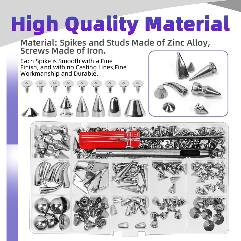 Swpeet 98Pcs Mixed Shape Spikes Screwback Studs Rivets Kit (Silver)