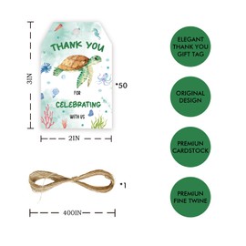50pcs Marine Animals Thank You Tags, Turtles Gift Tag with String for Under The Sea Party, Ocean Animals Thank You Paper Tags for Nautical Party Favors