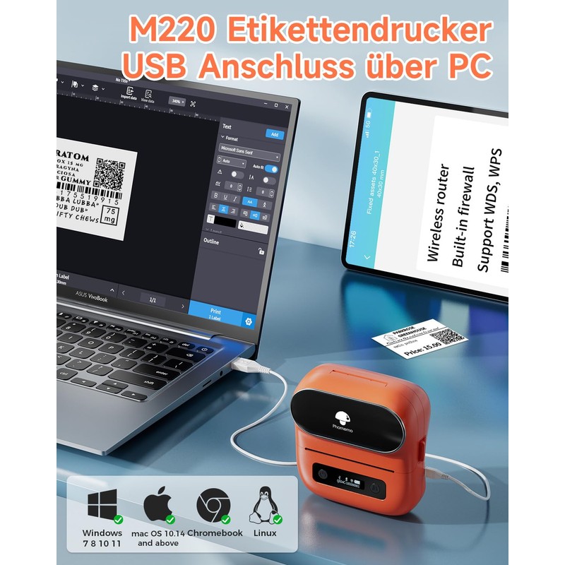 Phomemo M220 Bluetooth Label Printer, Portable Thermal Labelling Device, Upgrade