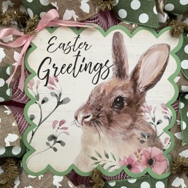 Easter Greetings Brown Bunny Handmade Deco Mesh Wreath Available in 24 inch and 28 inch diameters