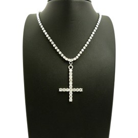 NYFASHION101 Stone Stud Saint Peter Cross Pendant with 3mm 18" Rhinestone Chain Necklace, Silver-Tone
