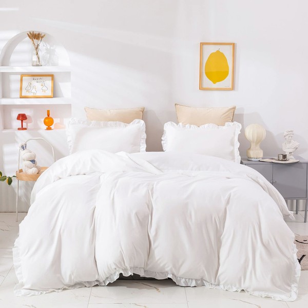 Cottonight White Comforter Set - Queen Size Farmhouse Boho Ruffles