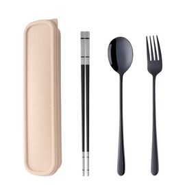 SBOMHS Portable Outdoor Travel Cutlery Set Black Camping Cutlery to Go Picnic School Office Lunch Tableware for 1 Person Stainless Steel Chopsticks Long Table Forks Soup Spoon Wheat Straw Gift Box