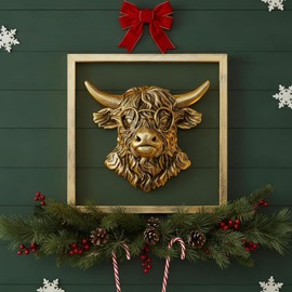 Newinhome Animal Heads Wall Decor (Includes Metal Frame) Resin Animals Sculptures Head Wall Hanging Decoration Gold vintage Wall Sculpture for Living Room Bedroom Office(Highland cattle)