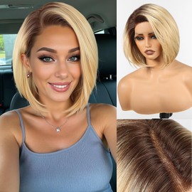 HAIRCUBE Ombre Blonde Synthetic Lace Front Wig, 10 Inch Layered Glueless Bob Wig, Natural Density Hairline Wigs for Women Daily Use