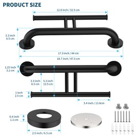 Grab Bar w/Double Toilet Paper Roll Holder Black, iHansee Stainless Steel Shower Support Handle Balanced Support Bars, Wall Mounted Safety Handrail Grab Rail for Elderly Senior Handicap Disabled