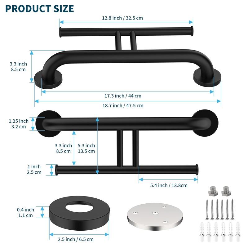 Grab Bar w/Double Toilet Paper Roll Holder Black, iHansee Stainless