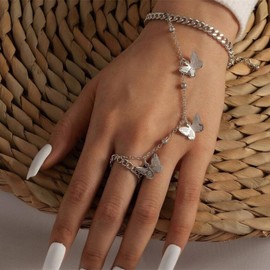 Aneneiceera Boho Finger Ring Butterfly Bracelet Layering Silver Butterfly Hand Chain Slave Finger Ring Butterfly Bracelet Bangle Bridal Handpiece Hand Harness Jewelry for Women and Girls