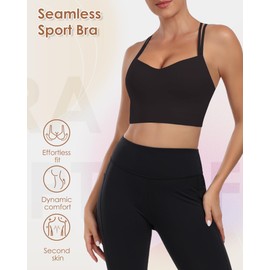 As Fariy Women's Cloud Longline Sports Bra Scoop Neck Spaghetti Straps Training Bra Yoga Crop Tank Top, black