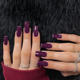 KQueenest Acrylic Press on Nails Long Square, Berry False Nails Long Medium Coffin, Glossy Natural Solid Color Fake Nails Set, Reusable Gel Stick on Nail for Women Finger Daily Wear 24 Pcs