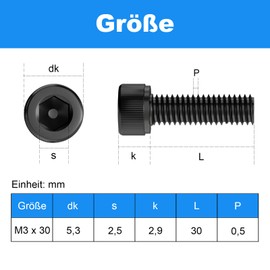 Pack of 120 M3 x 30mm Hex Socket Cap Screws M3 Screws Black Carbon Steel Cylinder Head Screws Allen Screws Full Thread with Key