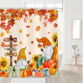 Nuseiis Cute Fall Gnomes Shower Curtains 72x72 Inch, Waterproof Fabric Autumn Orange Maple Leaves Pumpkin Bathroom Shower Curtain