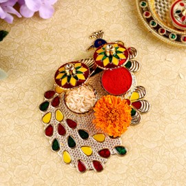 SATVIK 1 Pc Multi Designer Kankavati Thali Roli Chawal/Rice Holder with Lid, Kumkum Haldi Holder Rakhi Pooja Thali Indian Festival Diwali Pujan Mandir Tika Roli Plate Housewarming Gifts Items Pack