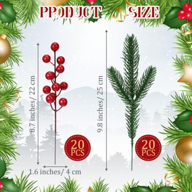 Norme 40 Pcs Christmas Floral Picks Christmas Greenery for DIY Gift Wrapping Plants Red Berry Pine Branches Artificial Picks and Sprays Stems Pine Sprigs for Crafts Wreath Garland Decor(Elegant Style)