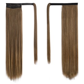BARSDAR Wrap Around Straight Ponytail Extensions - 18 Inch Long Straight Ponytails for Women, Clip in Ponytail Hair Extensions Synthetic Pony Tails Hairpieces - Brown with Honey Blonde