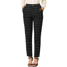 Allegra K Women's Vintage Tartan Plaid Pants Elastic Waist Straight Long Trousers Large Black