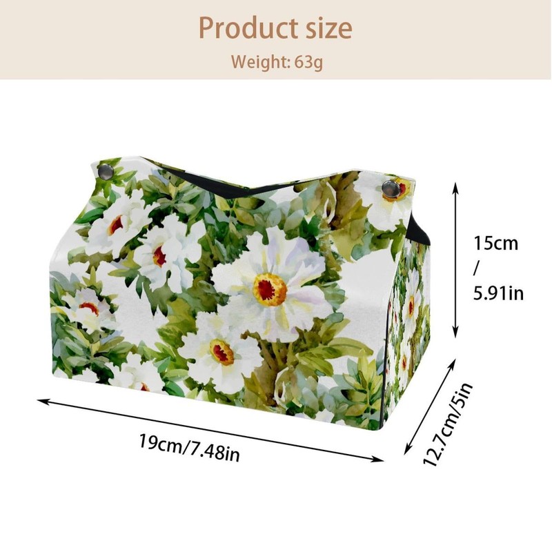 2 Pack Tissue Box Cover Holder, White Gardenia Rectangle Leather