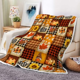 DYNH Fall Throw Blankets, Thanksgiving Fall Pumpkin Turkey Maple Leaves Retro Plaid Pattern Flannel Fleece Blanket, Cozy Soft Blankets for Bed/Couch/Living Room,50X60IN